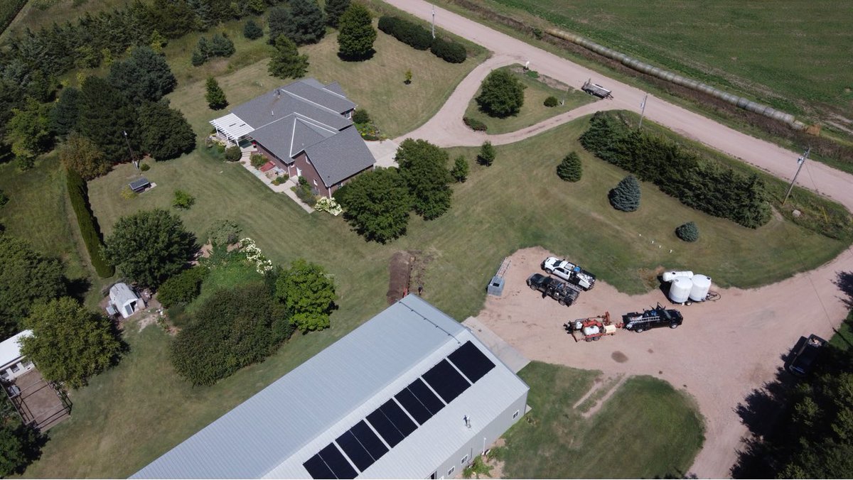 GCReVOLT11's tweet photo. Online! The new aerial picture of the Woollen Farm captures part our newly constructed 20kw solar system which powers most of two separate meters at the farm location. #sunpowered #harvestthesun #farmsofthefuture #usdareap #netmetered #netzero #publicpower #freewave #revolt https://t.co/uuWZLQbkRO