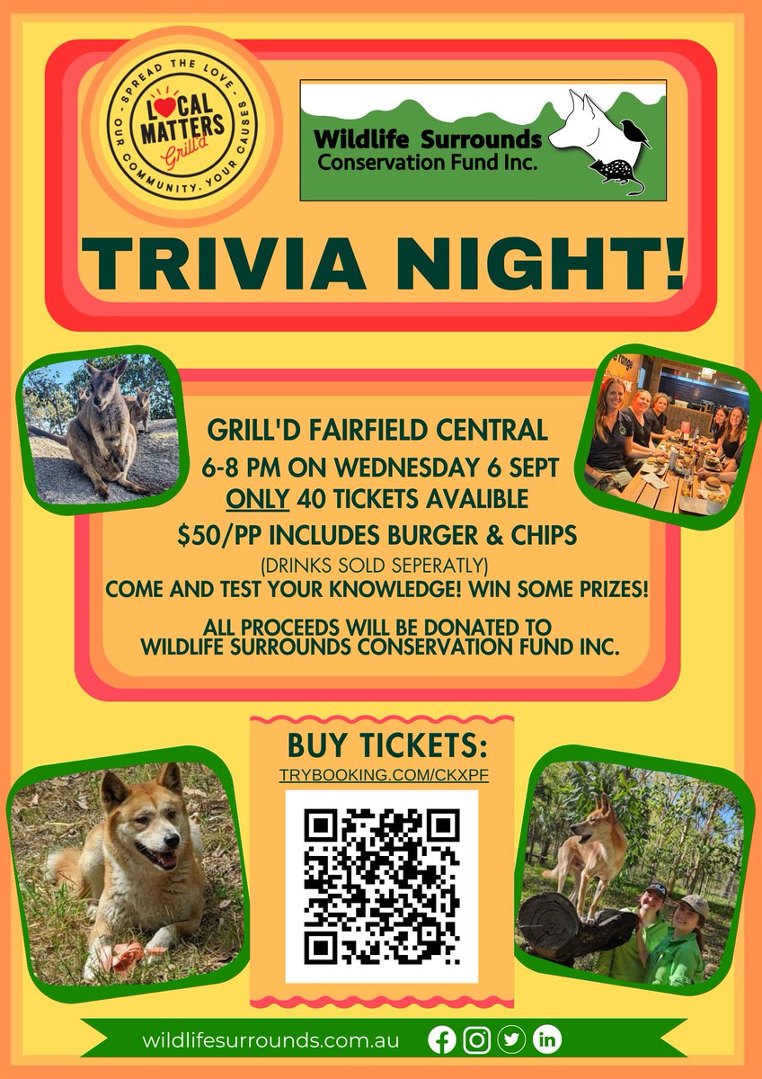 Join us for Trivia Night on Wednesday 6th September at Grill'd Fairfield Central - Townville 

Buy your ticket here: trybooking.com/CKXPF

See you there for some fun trivia 
#wildlifesurrounds #trivia #fundraiser #fun #trivianight #supportlocal #supportlocaltownville