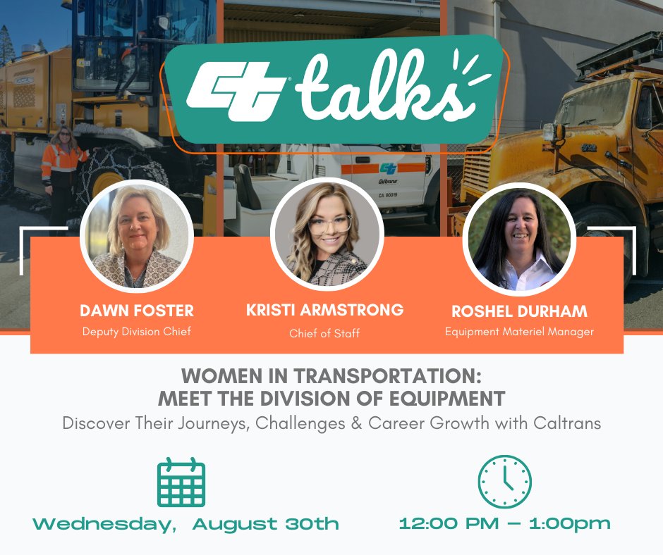 CaltransHQ's tweet photo. CT Talks Virtual Event: #WomenInTransportation - Wednesday at noon - Learn about their roles, their why, and their career journey. And ask questions! 
▶▶https://t.co/XxyyJeoCln
For future events or questions: DHR.Communications@dot.ca.gov

#CaltransCulture  #CTTalks https://t.co/1CMsTH1CdU