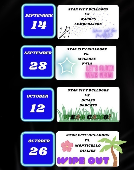 StarCitySchools's tweet photo. Here are the Middle School pep rally themes! We look forward to cheering on our Jr. High Football team! https://t.co/V6UVTmZByz