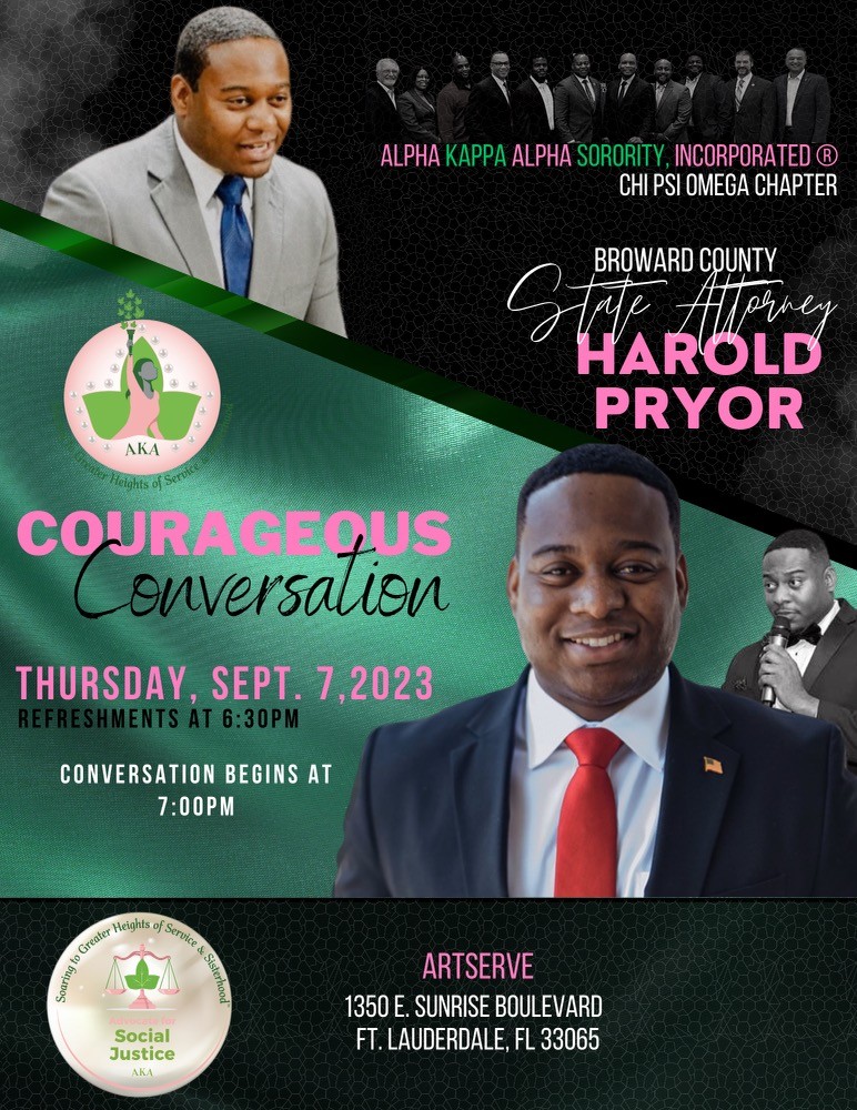 Join us Thursday, September 7th at 7pm for our third conversation of the "Courageous Conversation" series. Candid chats with State Attorney Harold Pryor. Please register for this free event on Eventbrite at the following link: eventbrite.com/e/courageous-c… #SoaringWithAKA #TUNEInSAR