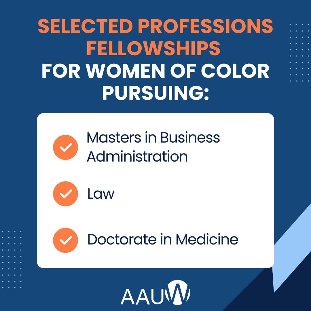 AAUW's tweet image. AAUW is proud to offer #fellowships in the following degree programs to #WomenOfColor who have been underrepresented in these fields: 

✔️ Master’s in business administration 

✔️Law 

✔️Doctorate in medicine 

Learn more and apply: bit.ly/3jDaHHD 
#WomenInHigherEd