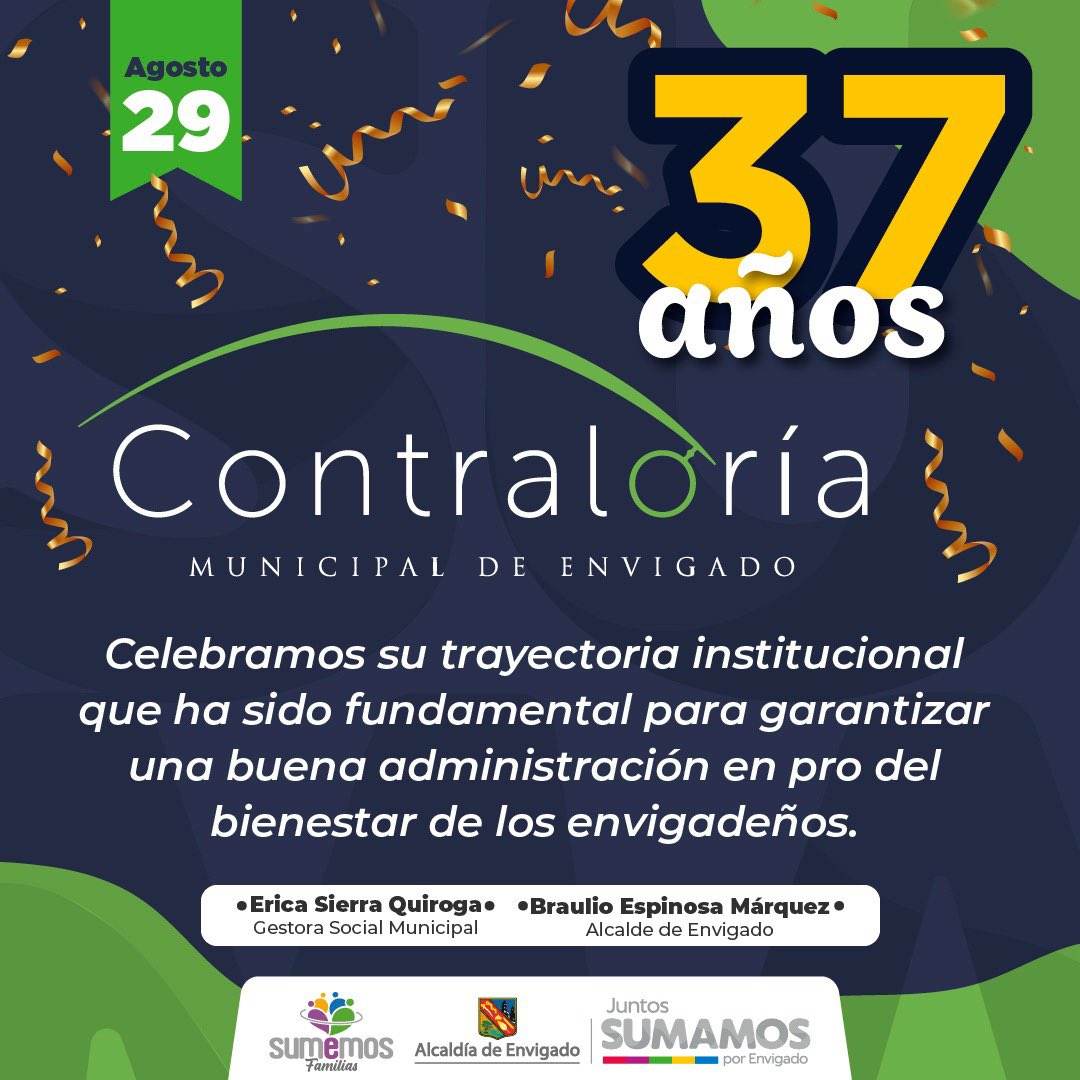 AlcaldiaEnv's tweet photo. ❷❾ de agosto

Aniversario 37 de la Contraloría Municipal de Envigado. 

👏🏻✊🏻🤓💪🏻✔️ 

#JuntosSumamosPorEnvigado https://t.co/WdujLwopxi