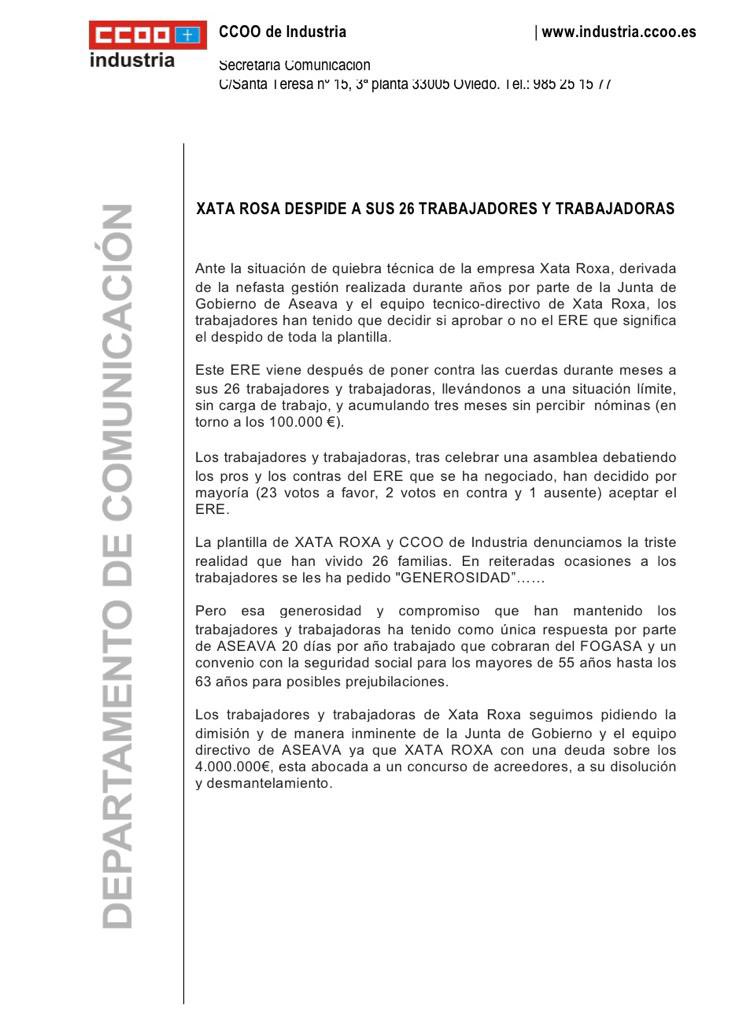 Xata Roxa despide  a sus 26 trabajadores y trabajadoras <a href="/ASEAVAOFICIAL/">ASEAVA</a>