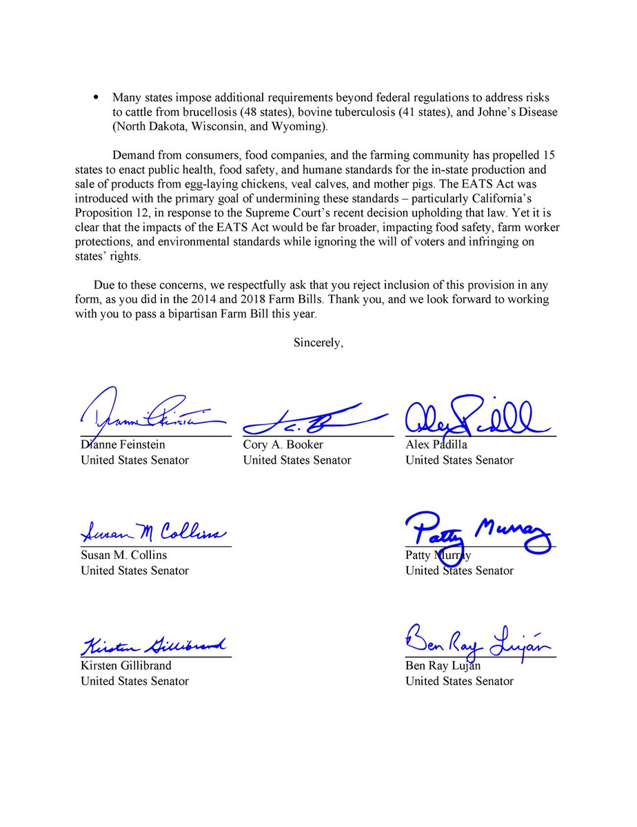 SenFeinstein's tweet image. State laws, like CA's Prop 12, improve food safety and protect farm workers &amp;amp; animal welfare

The controversial EATS Act could overturn them all

Today, @SenAlexPadilla, @SenBooker &amp;amp; I led a bipartisan group of senators fighting to keep the EATS Act out of the upcoming Farm Bill.