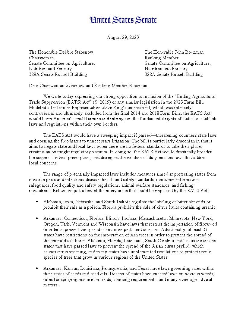 SenFeinstein's tweet image. State laws, like CA's Prop 12, improve food safety and protect farm workers &amp;amp; animal welfare

The controversial EATS Act could overturn them all

Today, @SenAlexPadilla, @SenBooker &amp;amp; I led a bipartisan group of senators fighting to keep the EATS Act out of the upcoming Farm Bill.