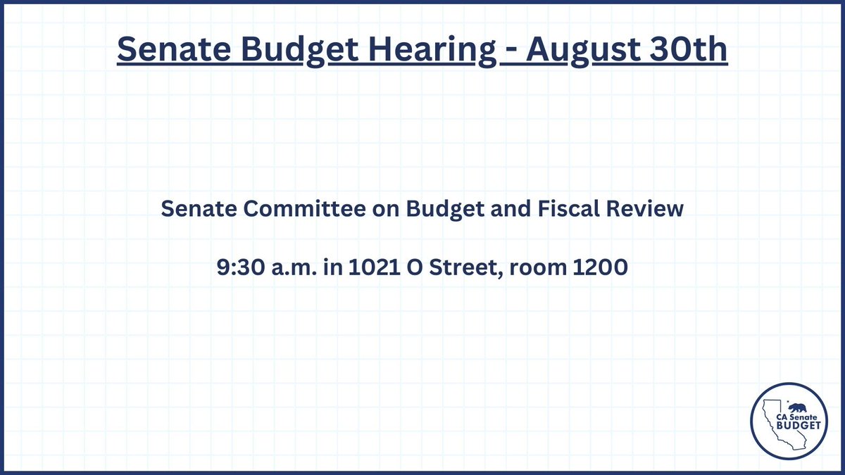 Senate Budget Committee hearing scheduled for Wednesday, 8/29 at 9:30a.m.

▶️ bit.ly/3ZazZA5

#CABudget #ProtectOurProgress