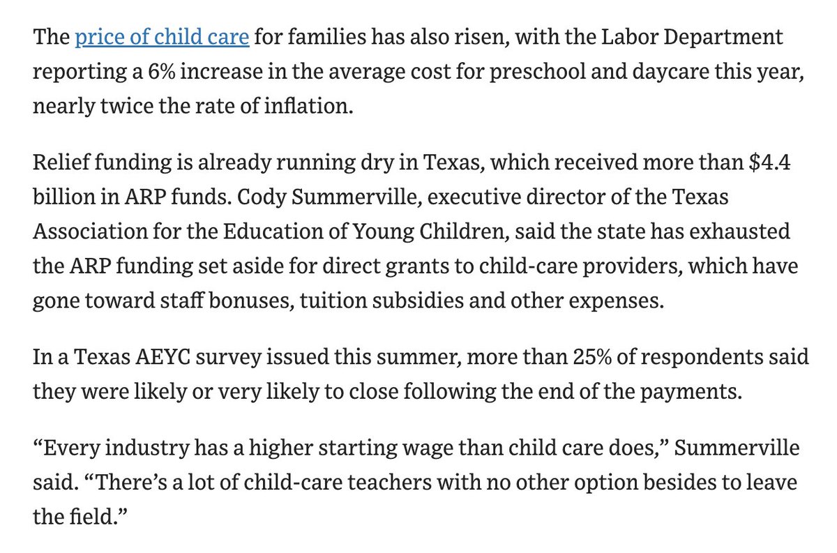 The Wall Street Journal looks at the child care crisis in Texas — which will get worse when federal relief funding expires in a month. Thanks to @RepWalle for pushing for a solution this #TXlege session. Let's keep pushing! wsj.com/us-news/educat…