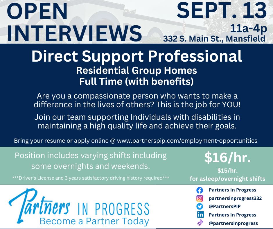 PartnersPIP's tweet photo. Mark your calendars! Partners In Progress is holding open interviews for our DSP position on 9/13 from    11A-4P at PIP's main office: 332 S Main St. in Mansfield!

Bring your resume or apply ahead of time online at https://t.co/eA0jYl1BXV

#PIP #PartnersInProgress #Hiring #DSP https://t.co/bdxfofsy7q