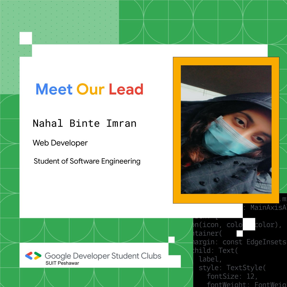 It's a moment of pride as we shine the spotlight on Nahal Binte Imran, a remarkable young woman leading the way at GDSC Sarhad University! 
<a href="/NahalImran/">Nahal Malik</a> 
#gdsclead #gdsc #womenempowerment #womenintech #leadership
