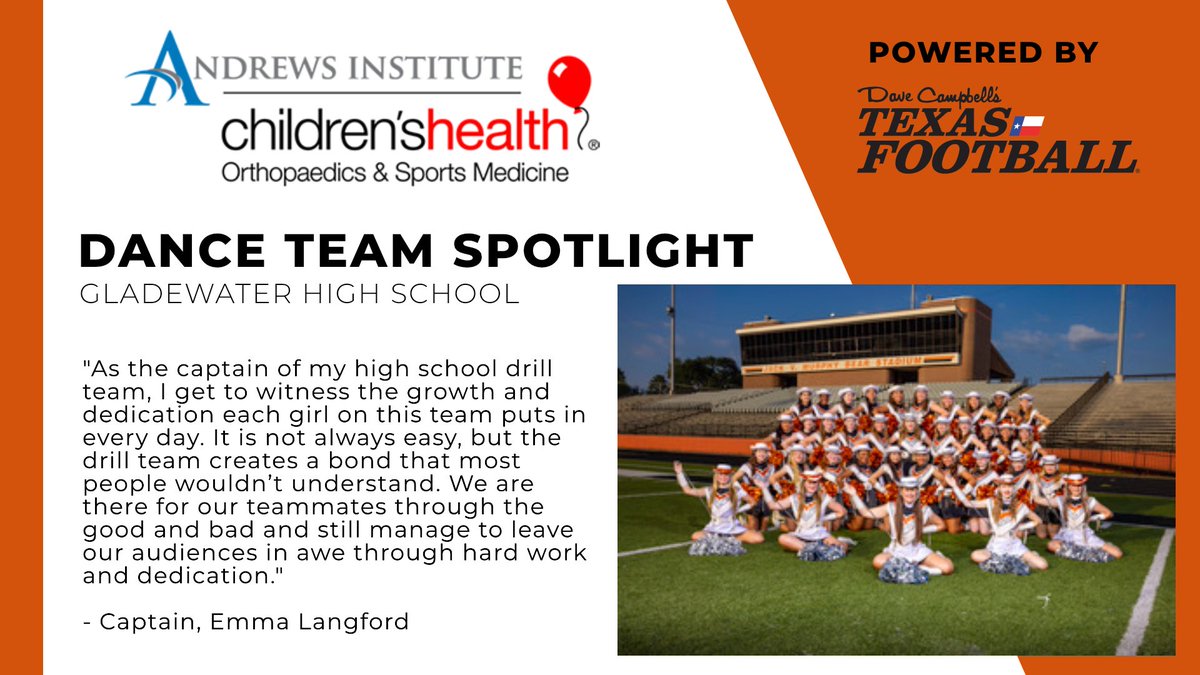 #DCTF and the Children’s Health Andrews Institute is shining light on drill team/dance programs across North Texas with the Dance Team Spotlight Award presented by @childrens! This week: Gladewater💃 texasfootball.com/north-texas-da… @GladewaterAth