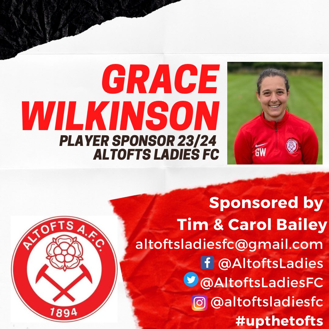 AltoftsLadiesFC's tweet photo. ★ Player Sponsor ★

Retained for the 23/24 season, number8️⃣ @G_Wilkinson8 👏🏼 

Grace is sponsored by vice chairman Tim &amp; Carol Bailey.  

There are still sponsorship opportunities available, send us a message for more info. 

#sponsorship #football #ALFC #upthetofts #UTT https://t.co/I9lWapVytX
