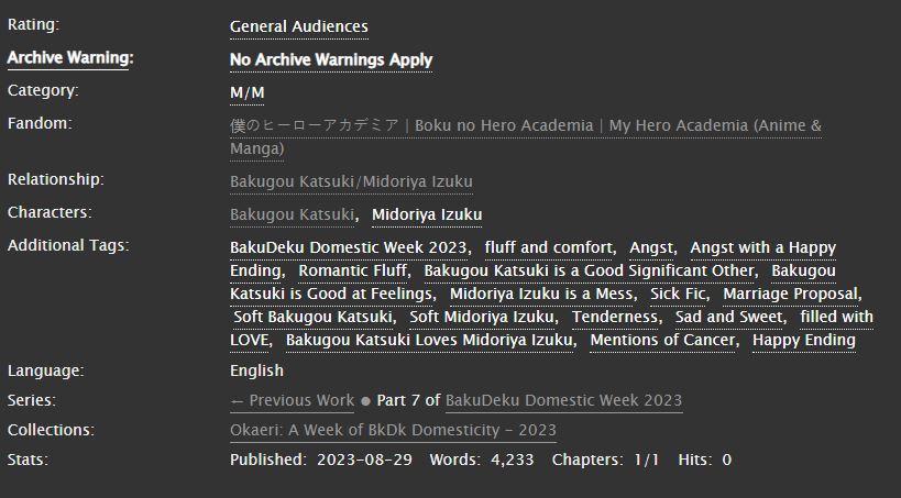 Day 7 of #domesticbkdkweek2023 #okaeri2023 #domesticbkdkweek is finally released!! Sorry for being so late! My life imploded on Sunday >.> But please enjoy this beautifully fluffy angsty BkDk story filled with love! 💚🧡
archiveofourown.org/works/49720159
