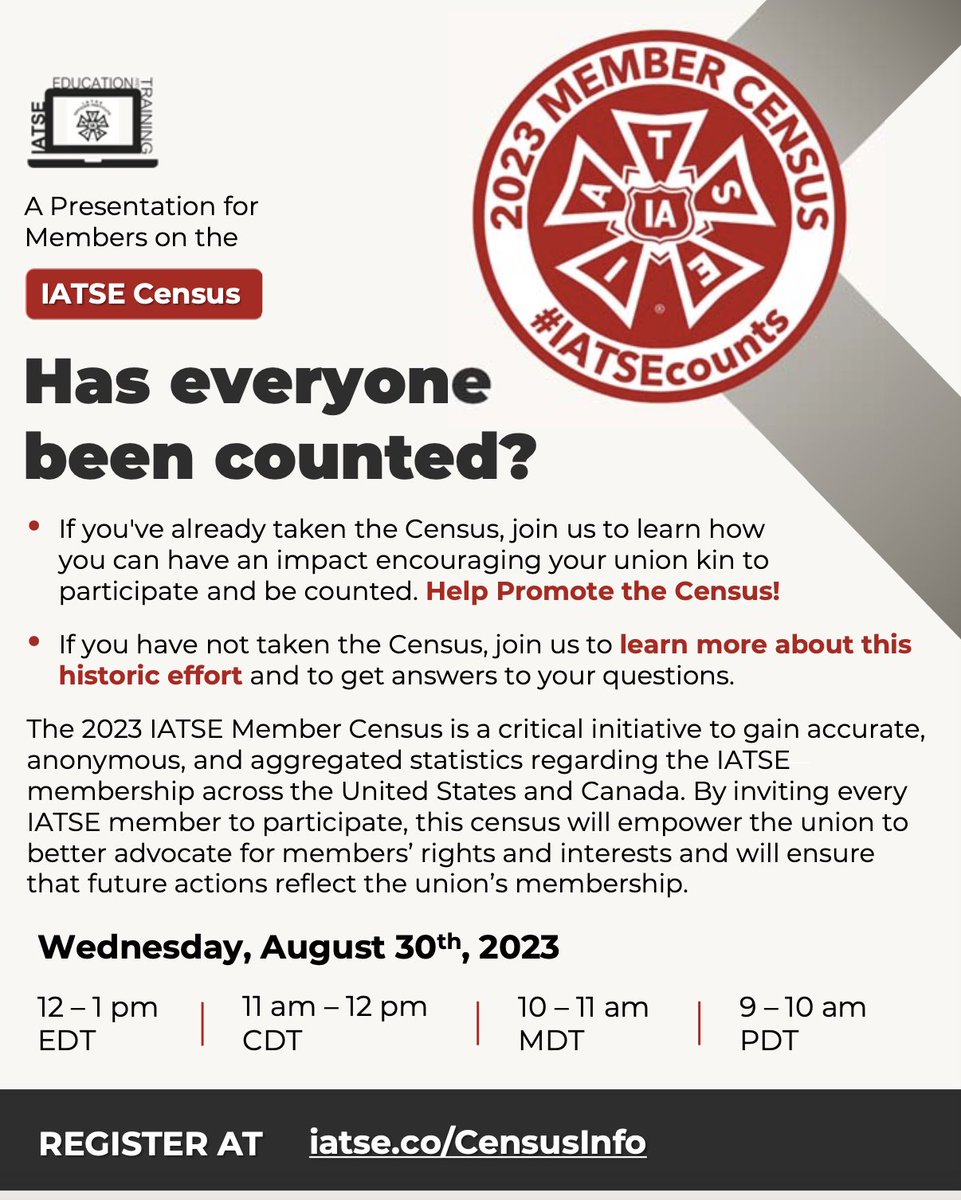 Curious about the member census? Join us tomorrow to learn more about this historic effort and to get answers to all your questions! 

Register here: iatse.co/CensusInfo