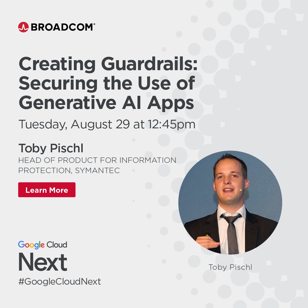 ⏰ In 1 hour: Whatever the risk appetite for your employees using #GenerativeAI Applications, you need to be in control. At #GoogleCloudNext, Toby Pischl, Symantec Head of Product for Information, will be sharing how you can adopt with #security in mind: bit.ly/45GUIPa