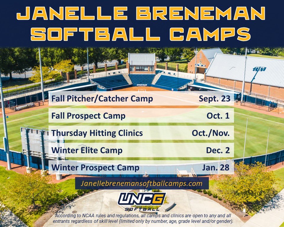 UNCGSoftball's tweet photo. Mark your calendars✍🏻 Our Fall and Winter camp dates are here!! Come get better with the Spartans 🥎 #letsgoG https://t.co/oSJBnU2C7g