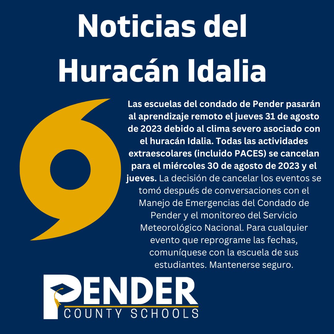 penderschools's tweet photo. Pender County Schools has made the decision to close all schools and move to remote learning for Thursday, August 31. All after school activities, including PACES, are canceled for both Wednesday and Thursday - https://t.co/CIxilu5Rq7 https://t.co/HPSm3y8TIW