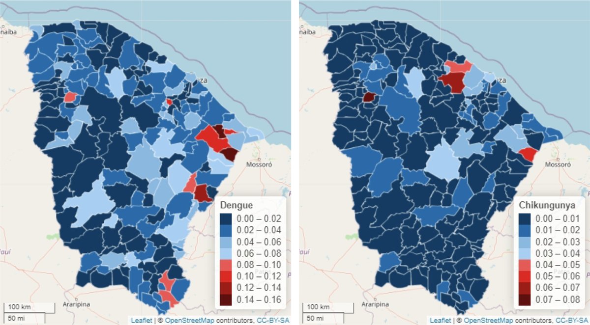 New paper out! Led by Jessica Pavani and great collaboration with @leosbastos.

Joint Bayesian spatial models of risks of co-circulating #dengue & #chikungunya suggest a competition between viruses in Ceara 🇧🇷.

👉doi.org/10.1016/j.sste…

#spatialepidemiology #geohealth #rstats