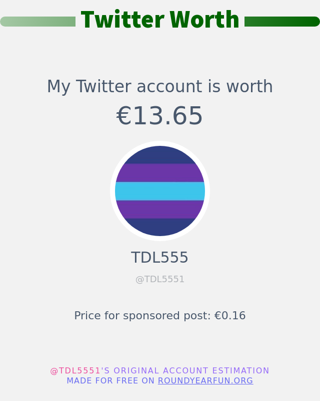 TDL5551's tweet photo. Mein Twitter-Wert ist: €13.65

➡️ https://t.co/gceHc4Ltl1 https://t.co/Xp7ji1SSMk