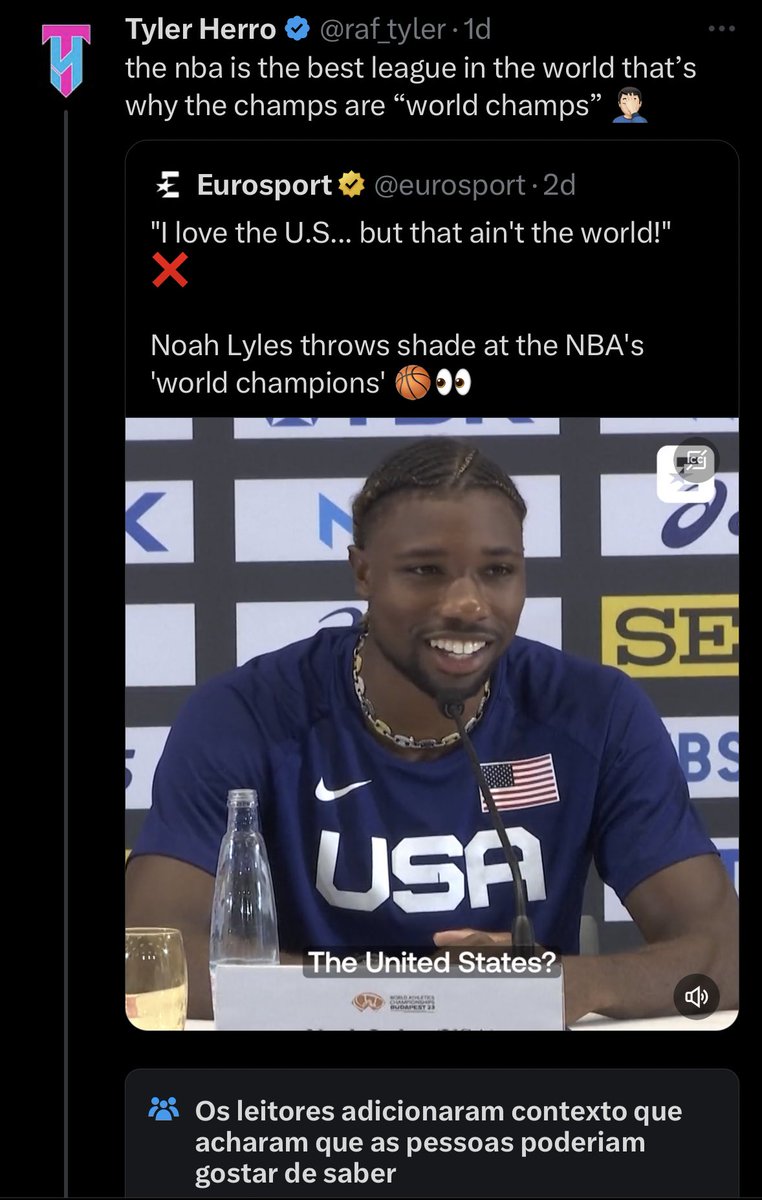 PerolasdaNBA's tweet image. O Twitter adicionou uma nota no tweet que o Tyler Herro fala que o campeão da NBA é o campeão do mundo hahahahaha
