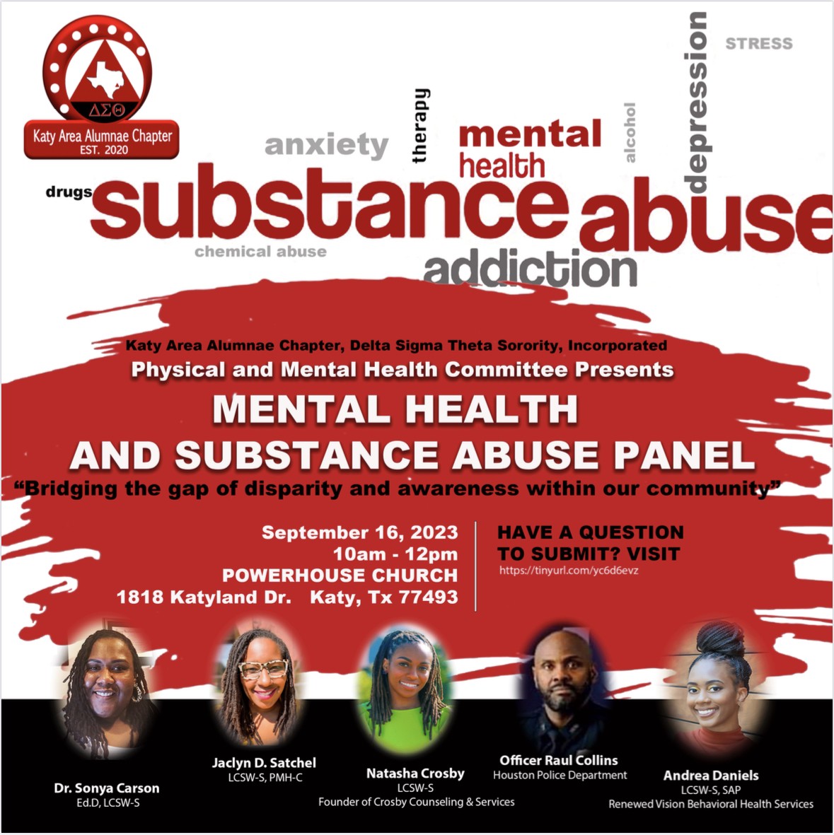 Excited to announce the Mental Health and Substance Abuse Panel hosted by Katy Area Alumnae Chapter of Delta Sigma Theta Sorority Inc.! Join us for a meaningful conversation on promoting wellness and breaking stigmas. Save the date - you won't want to miss this! #KatyDeltas