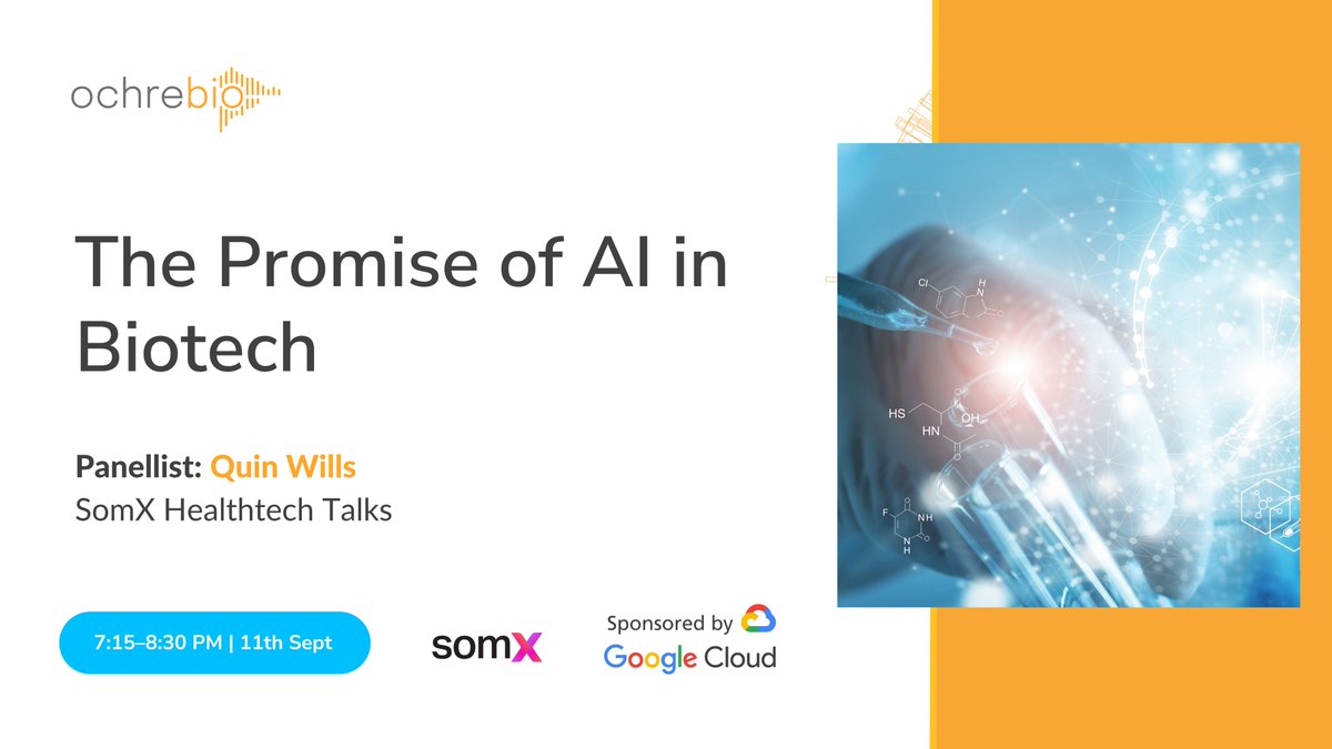 OchreBio's tweet photo. CSO Quin Wills is joining 'The promise of #AI in #biotech' panel at @somXhealthtech #HealthtechTalks with @GoogleCloud!   

🔸Hosted by @JamesSomauroo 
🔸Featuring @ExscientiaAI's Eileen Jennings-Brown &amp; @GoogleHealth's Dillon Obika

Join the waitlist ➡️ https://t.co/FJLons2bS2 https://t.co/1eJFVPBz5P