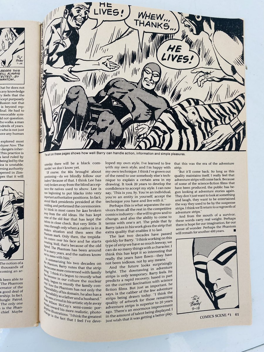 KeeneJarret's tweet image. This is a Sy Barry fan account. “Me and My Phantom,” by Jeff Strell, Comics Scene issue 1 (1981). SB: “So long as the quality maintains itself, I really feel that adventure strips will come back.” #thephantom #sybarry #leefalk #comicstrips
