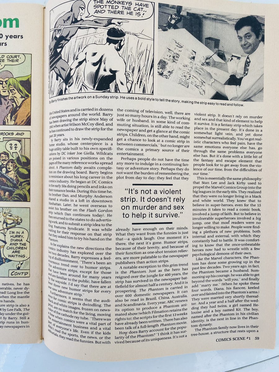KeeneJarret's tweet image. This is a Sy Barry fan account. “Me and My Phantom,” by Jeff Strell, Comics Scene issue 1 (1981). SB: “So long as the quality maintains itself, I really feel that adventure strips will come back.” #thephantom #sybarry #leefalk #comicstrips