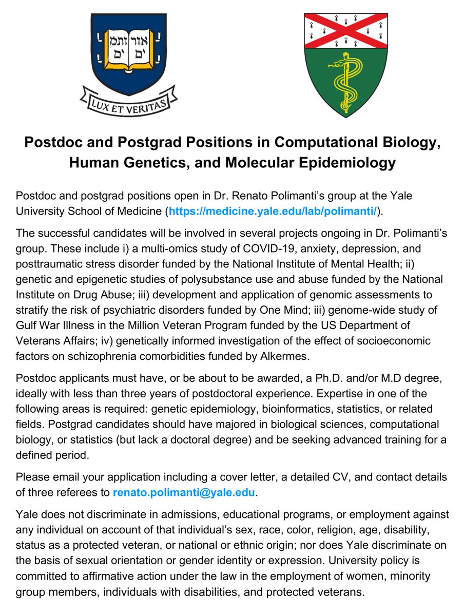🚨📢 We have open postdoc and postgrad positions to work on projects funded by @NIMHgov, @OneMindOrg, @NIDAnews, @VAResearch, and @Alkermes! Please reach out to learn more about these opportunities. #Retweets appreciated. @YalePsych @YaleGenetics @WuTsaiYale @KavliAtYale