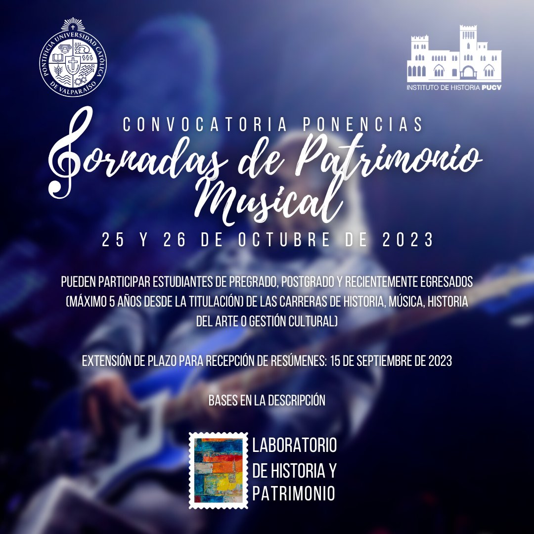 Invitamos a estudiantes e investigadores recientemente egresados a enviar resúmenes de sus
propuestas. 

Se reciben resúmenes hasta el día 15 de septiembre de 2023, vía correo electrónico laboratorio.patrimonio.pucv@gmail.com y antonia.petey.z@mail.pucv.cl .