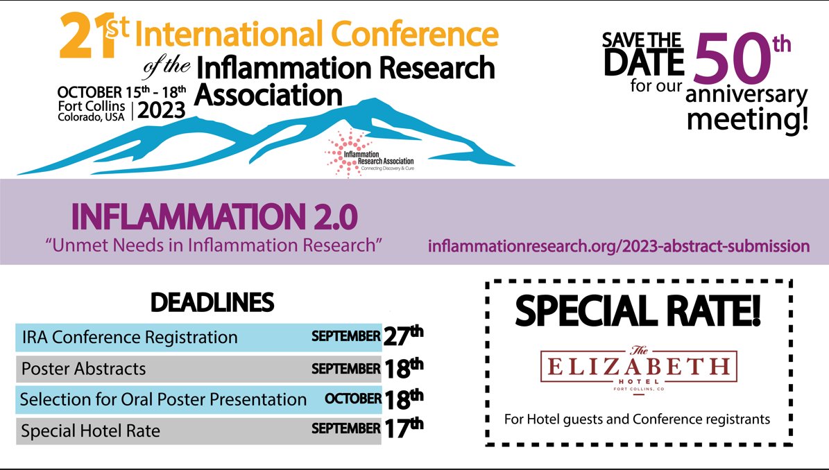 InflammationRe1's tweet photo. Send us your POSTER ABSTRACTS now and don’t forget to get the SPECIAL ROOM RATE which ends September 27th!!! https://t.co/8NKrF15vSJ