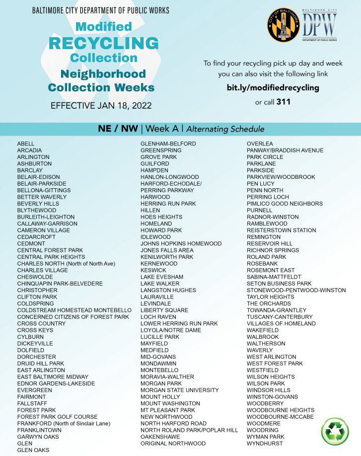 BaltimoreDPW's tweet image. Hey, NW/NE #Baltimore neighbors! It&apos;s Week A of Bi-weekly Recycling. Check out our Recycle Guide to #KnowWhattothrow in your blue cart.