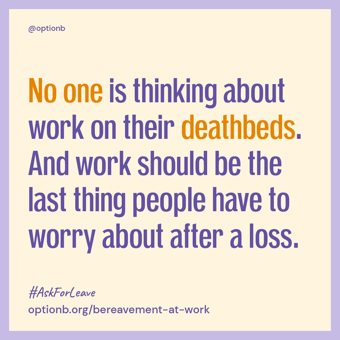 jlythcotthaims's tweet photo. PSA: More than 60% of US workplaces currently offer only 3 days or less of paid bereavement leave. I stand with @optionb this #GriefAwarenessDay in advocating for expanded workplace leave after loss https://t.co/4cEL0oGyT9 Have your own story to share? Tell us with #AskForLeave https://t.co/JAC8KTGplu