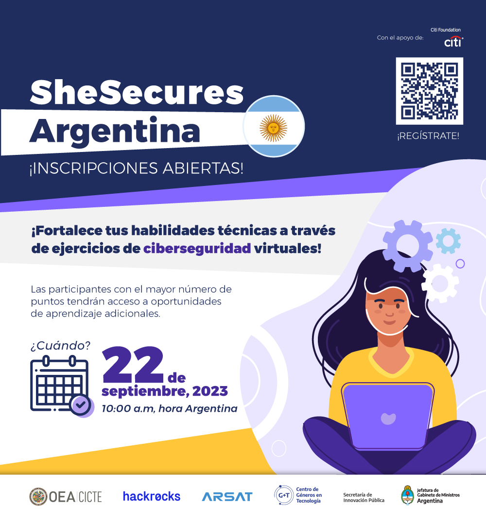 OEA_Cyber's tweet photo. 📢 ¡Atención mujeres de #Argentina! ¿Te interesa fortalecer tus #habilidades técnicas a través ejercicios de #ciberseguridad  virtuales? @ARSATSA 

✍️ !Te invitamos a participar en #SheSecures Argentina! 

Inscríbete aquí antes del 20 de septiembre: https://t.co/UHtHzECigM https://t.co/EEMLGey9f3