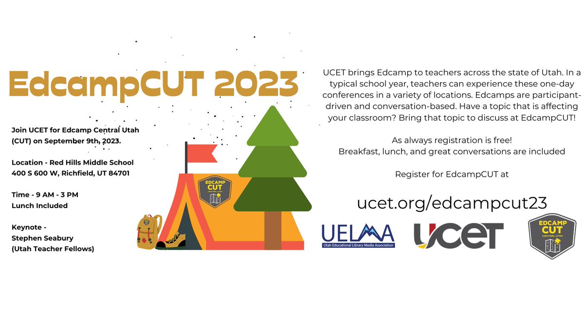 Can't wait for #EdcampCUT in Richfield on September 9th! Besides edcamps being amazing for collaboration, we have a keynote from @mr_seabiscuit, a @HSG_UT fellow. Register for free at this link: eventbrite.com/e/edcamp-centr…