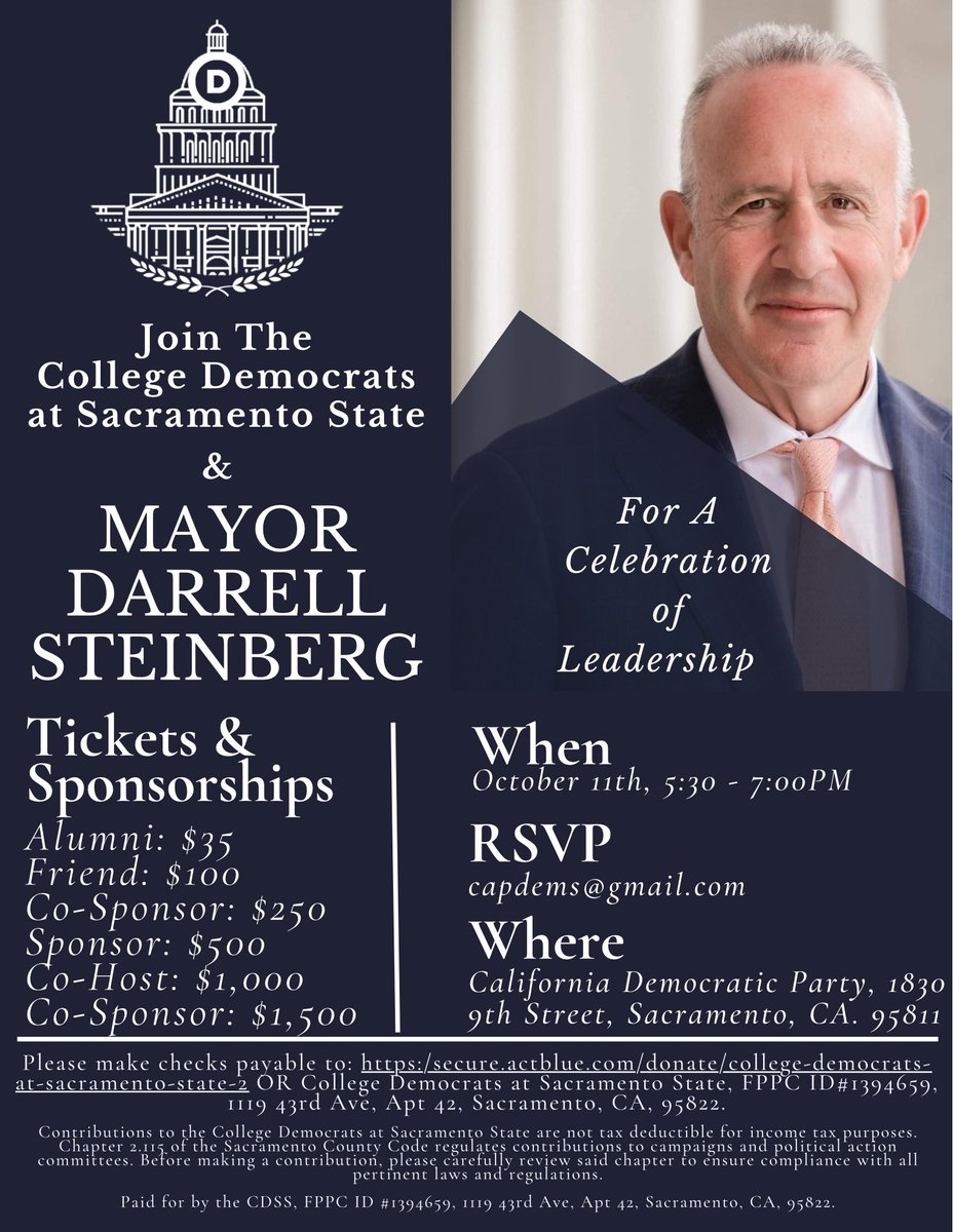 Join us this October 11th for a Celebration of Mayor Darrell Steinberg’s Progressive Leadership at the CA Democratic Party HQ! Sponsor or purchase tickets through the link in our bio😁