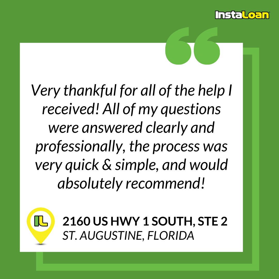 Our business is helping people, and we are here to support you when you need us. Our team in #StAugustine #Florida on US Highway 1 South is ready to help you get the emergency funds you need: Monday-Friday 10AM-7PM and Saturday 10AM-4PM. #InstaLoan