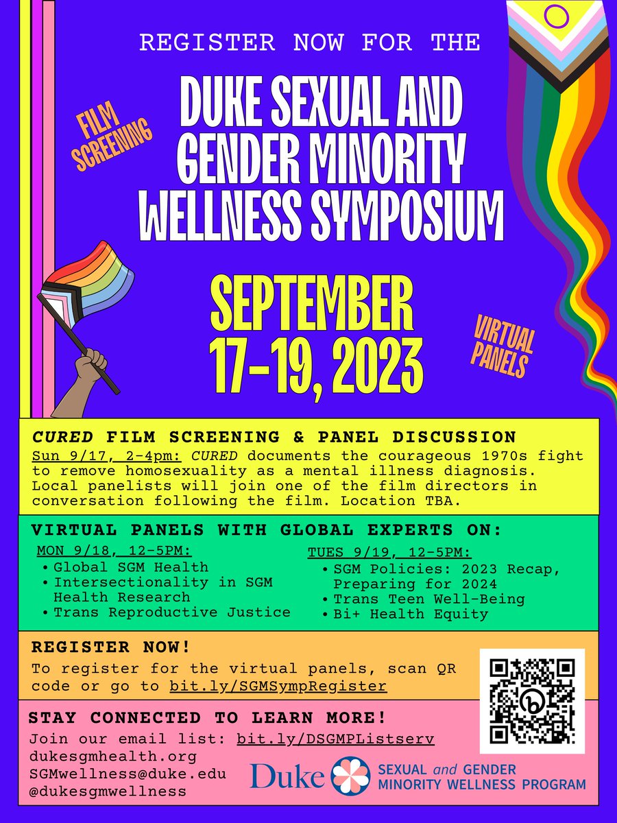 dukesgmwellness's tweet photo. 🚨REGISTRATION OPEN!! Join us for this year's Duke Sexual and Gender Minority (#SGM) Wellness Symposium on September 17-19! Register here: https://t.co/XYfRH7E5hd https://t.co/2igLl9yXMw