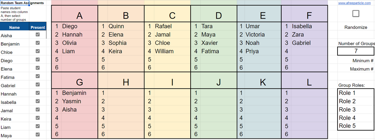 Random Team Generator (v6):  Added the option to choose the number of groups, in addition to choosing the size of the groups. Thanks for the suggestion <a href="/MrJoeMilliano/">Joe Milliano</a>!

Link: docs.google.com/spreadsheets/d…