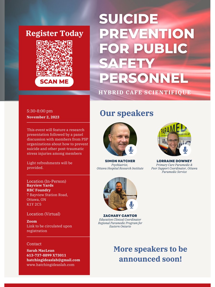 HatchingHub's tweet image. We are excited to announce that we will be hosting a hybrid Café Scientifique focused on #SuicidePrevention among Public Safety Personnel on November 2, 2023. To learn more and register, visit: tinyurl.com/h3987cjk