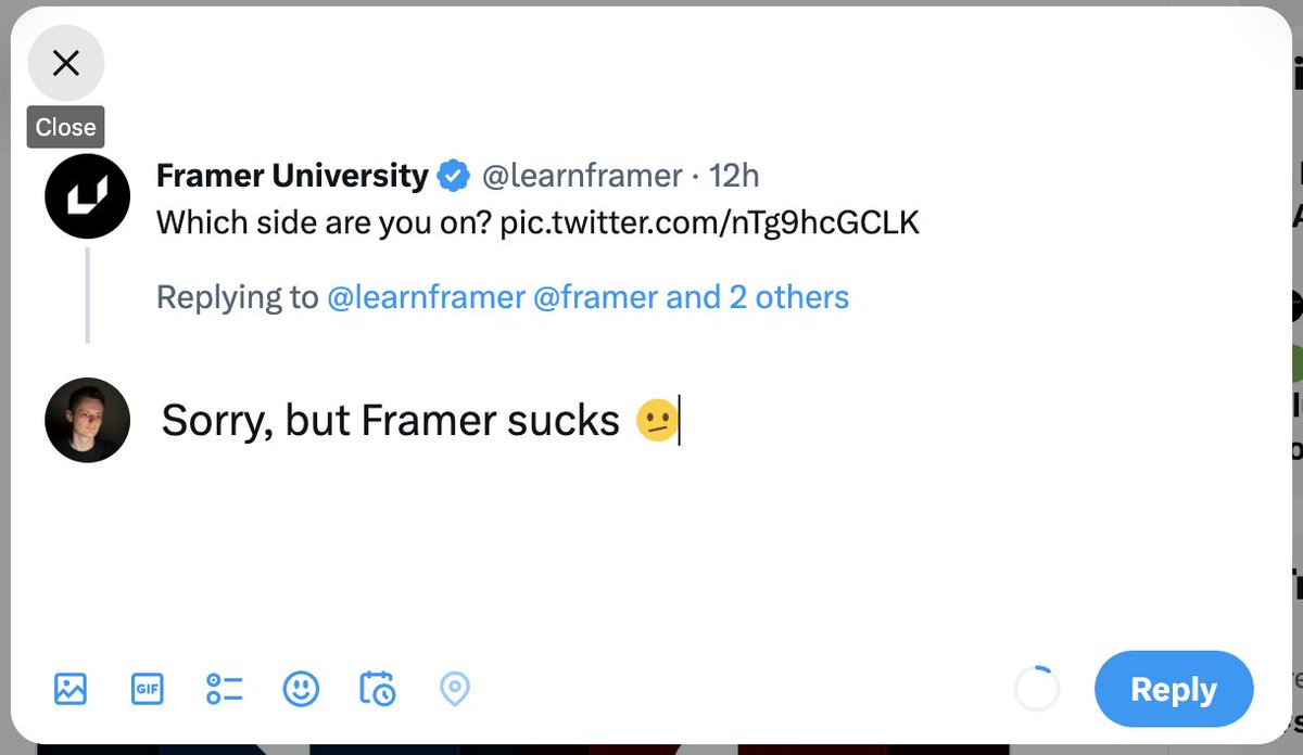 I love Twitter because it's a place where you can be honest and express your subjective opinion

#Twitter #Framer #Webflow #Figma #Honesty