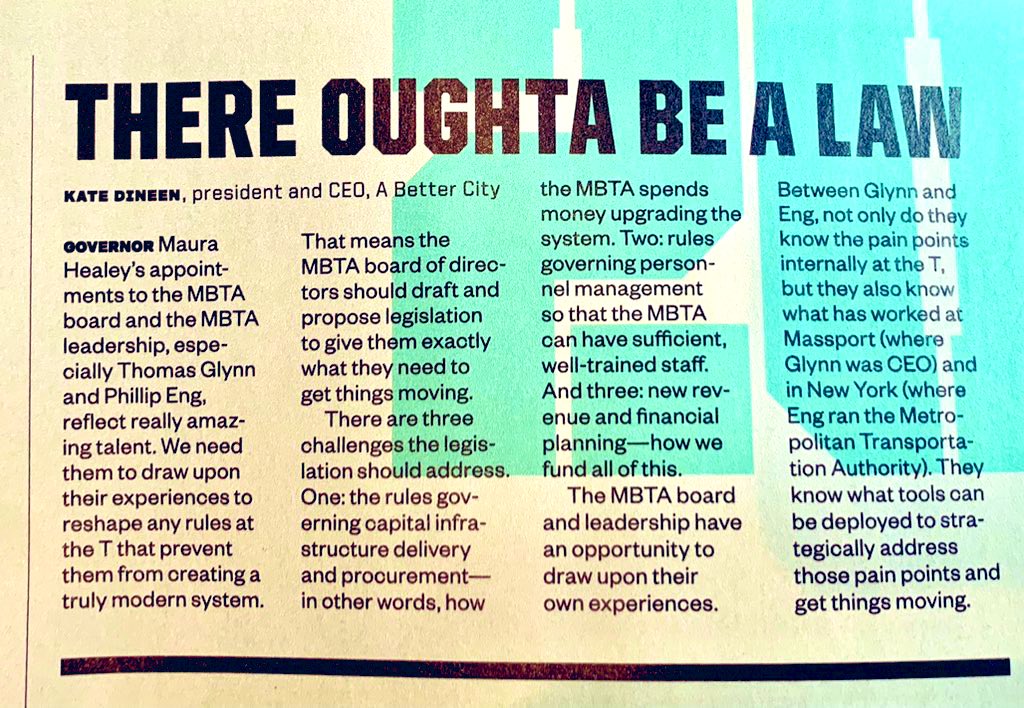 ICYMI: Check out A Better City’s perspective in <a href="/dbernstein/">David S. Bernstein</a>’s latest piece for <a href="/BostonMagazine/">Boston Magazine</a>! We think there oughta be a law to give the <a href="/MBTA/">MBTA</a> the tools &amp; resources needed to get the system back on track—do you agree? #mapoli