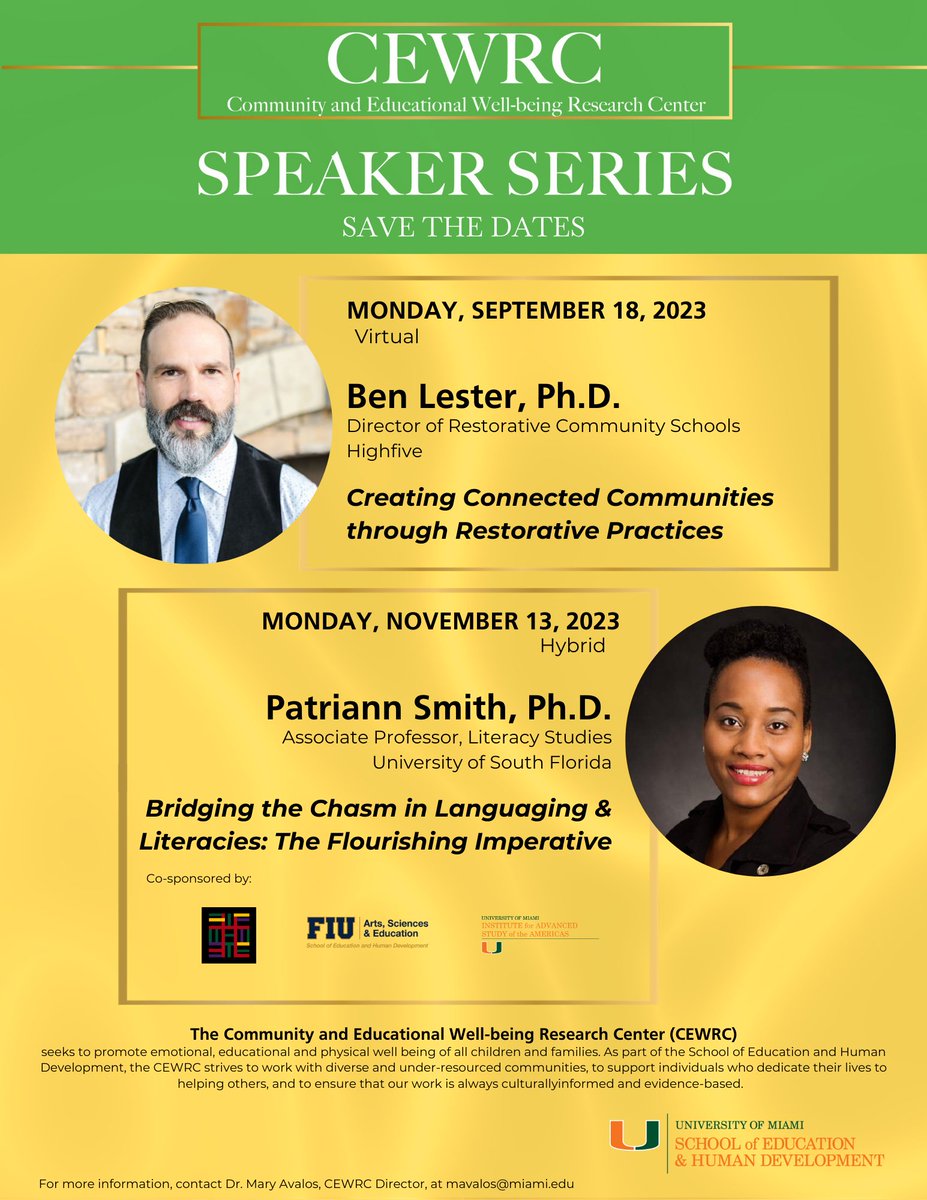 The CEWRC Speaker Series is back! SAVE THE DATES for the first two installments coming this fall: Sep. 18 - Dr. Ben Lester, Highfive; and Nov. 13 - Dr. Patriann Smith, USF.
