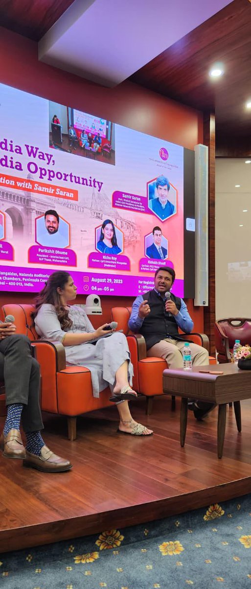 parikshit_d's tweet photo. wonderful speech by Samir Saran and a panel discussion session on G20 - ‘The India way, the India Opportunity’ with @samirsaran  - President @orfonline ,@rishabh_shroff  - Co- Chair @FicciYoung , Partner ( CAM) , @PurvaWalsePatil  - Trustee NRCD, Ms Richa Roy https://t.co/m3F75epzHt