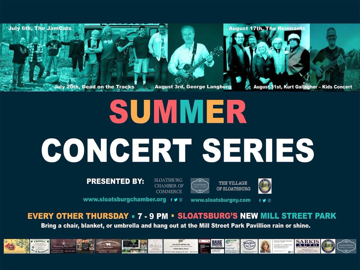 Our next concert is 
August 31st – Kurt Gallagher (kids concert)

The location is Mill Street Park by the Sloatsburg Train Station, rain or shine.
From 7 pm to 9 pm.
Bring a blanket or chair to relax and enjoy the sounds with friends and neighbors!