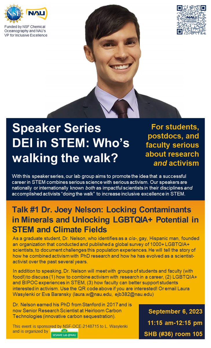 I'm very excited to announce a new speaker series I'm helping organize titled DEI in STEM: Who's walking the walk? Our first speaker is next week! If you're a member of the <a href="/NAU/">NAU</a> community, see the attached flyer. Email me at ejb382@nau.edu with any questions. @NAUResearch