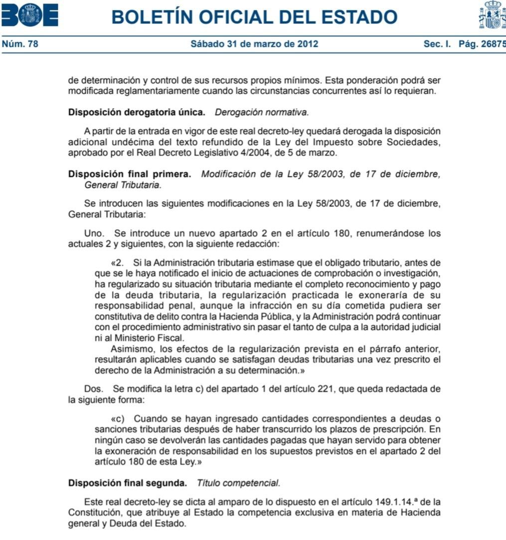 carlossmato's tweet photo. Al PP le bastaron 375 palabras en 2012 para aprobar una amnistía fiscal que libró de tributar, de multa y de la cárcel a los 29.683 particulares y 618 empresas que se acogieron.
No se rompió España, no se quebró el estado de derecho. 
No pasó nada.
Vamos a hablar de amnistías
🧵 https://t.co/CR5HQbIM1K