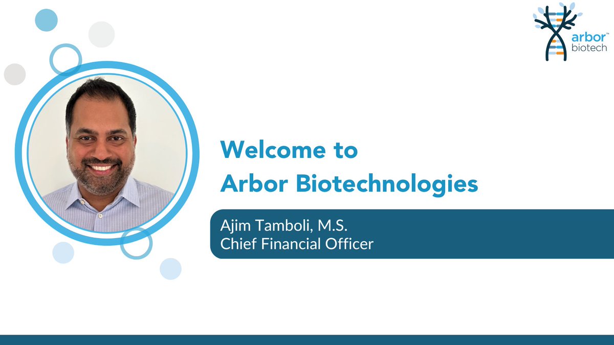 arbortx's tweet photo. We're pleased to announce the appointment of Ajim Tamboli as Chief Financial Officer. Ajim’s 20+ years of biotech and investment banking experience will be invaluable as we continue to strategically grow the company. Learn more: https://t.co/TIXXrhxNlT https://t.co/xjKhe9MPTE