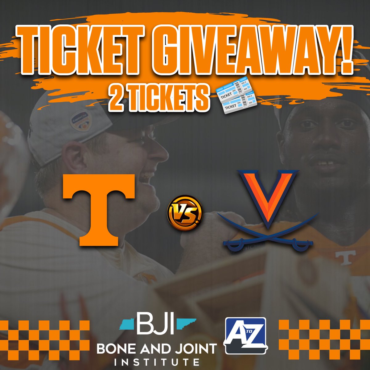 Saturday’s Vols game is SOLD OUT! But we have a pair of tickets to giveaway! 

Follow these steps for a chance to win tickets to the game:
1) follow us &amp; <a href="/boneandjointtn/">Bone and Joint Institute of Tennessee</a> 
2) reply below and tell us who you would bring to the game! 
3) share this post