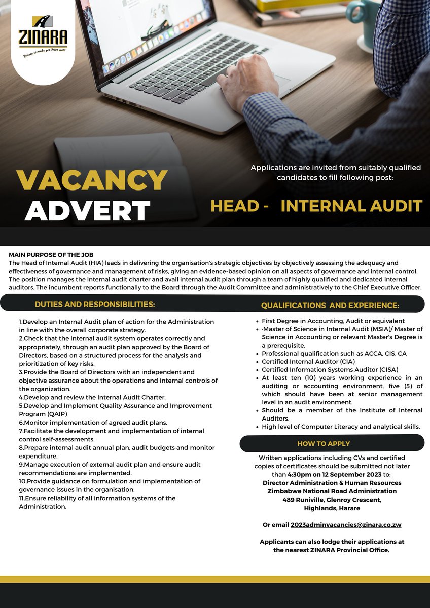 zinaraZW's tweet photo. Job Opportunity :  Head of Internal Audit 🔍

Apply now to contribute to our commitment to transparency &amp; accountability…

@VacancyMail @zimjobsharing @jobsearch_zim @harareijobs @IctaZimbabwe @icazicaz @caazimbabwe @youthjobszimbabwe

#TranformationalTeam
#AuditCareer https://t.co/X3zj3k7d15